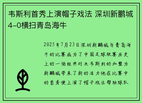 韦斯利首秀上演帽子戏法 深圳新鹏城4-0横扫青岛海牛